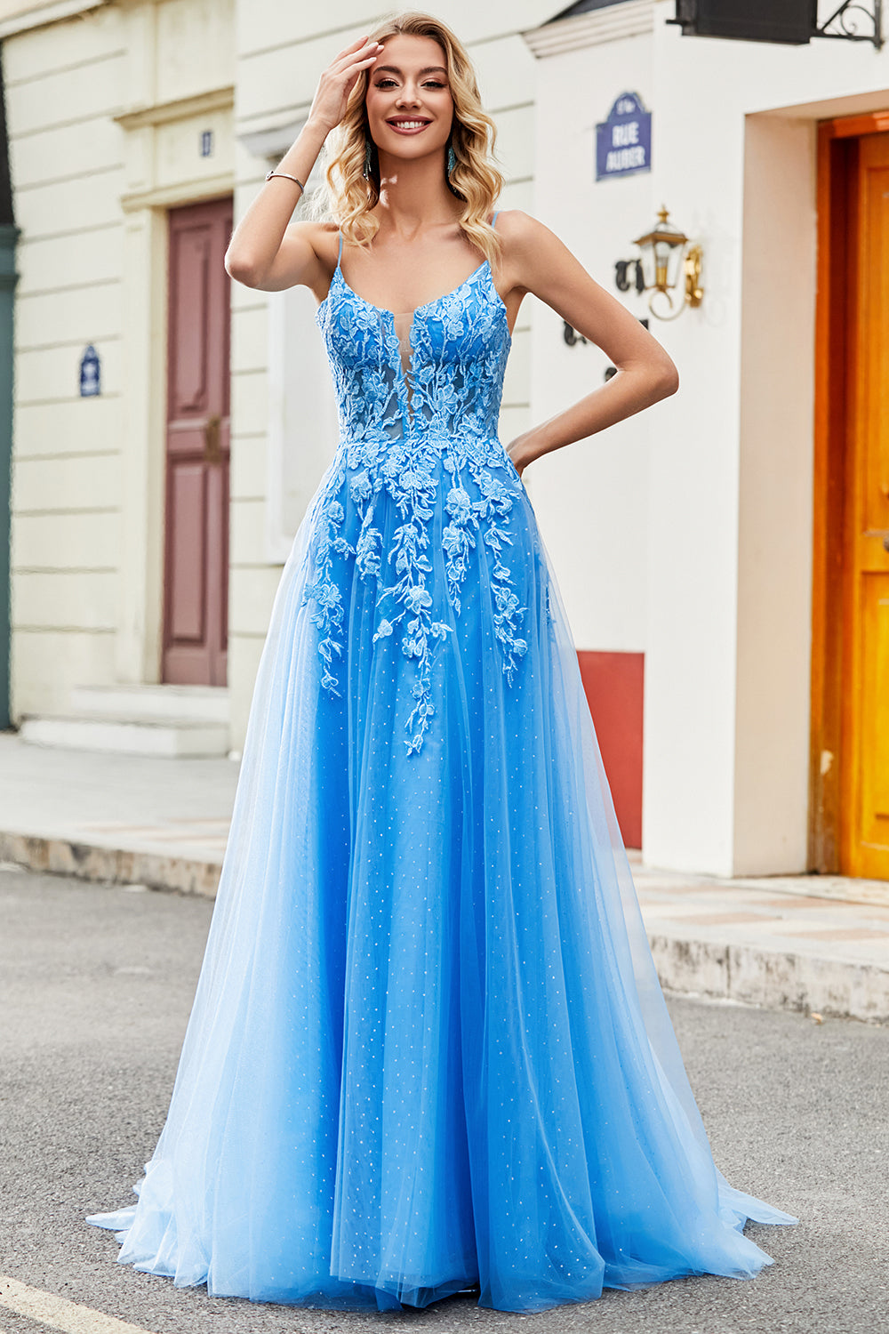 Zapakasa Women Blue Prom Dress A-Line Spaghetti Straps Tulle Evening Dress With Appliques Zapakasa Women Blue Prom Dress A-Line Spaghetti Straps Tulle Evening Dress With Appliques