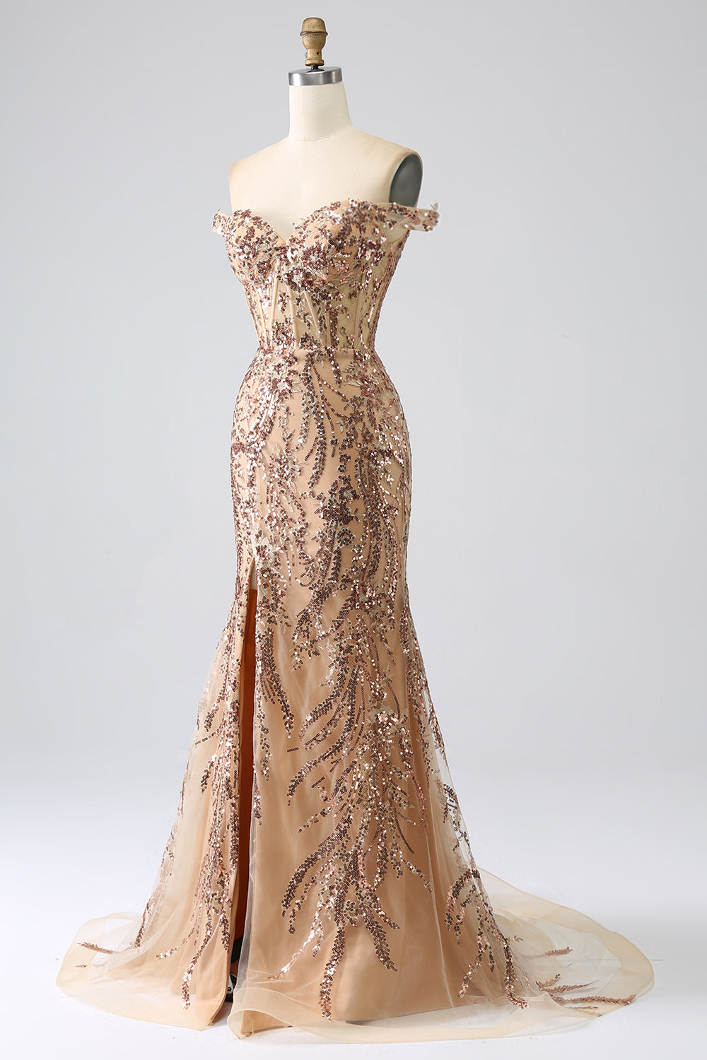 Zapakasa Women Sparkly Golden Corset Prom Dress with Slit Mermaid Off
