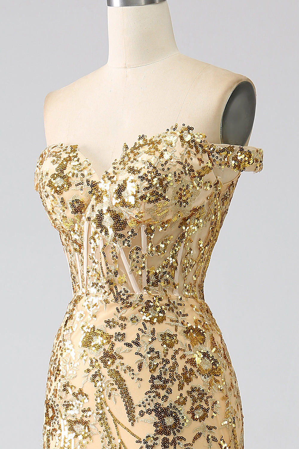 Zapakasa Women Sparkly Golden Corset Prom Dress with Slit Mermaid Off