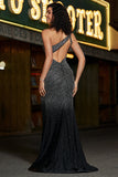 Mermaid One Shoulder Sparkly Black Corset Prom Dress