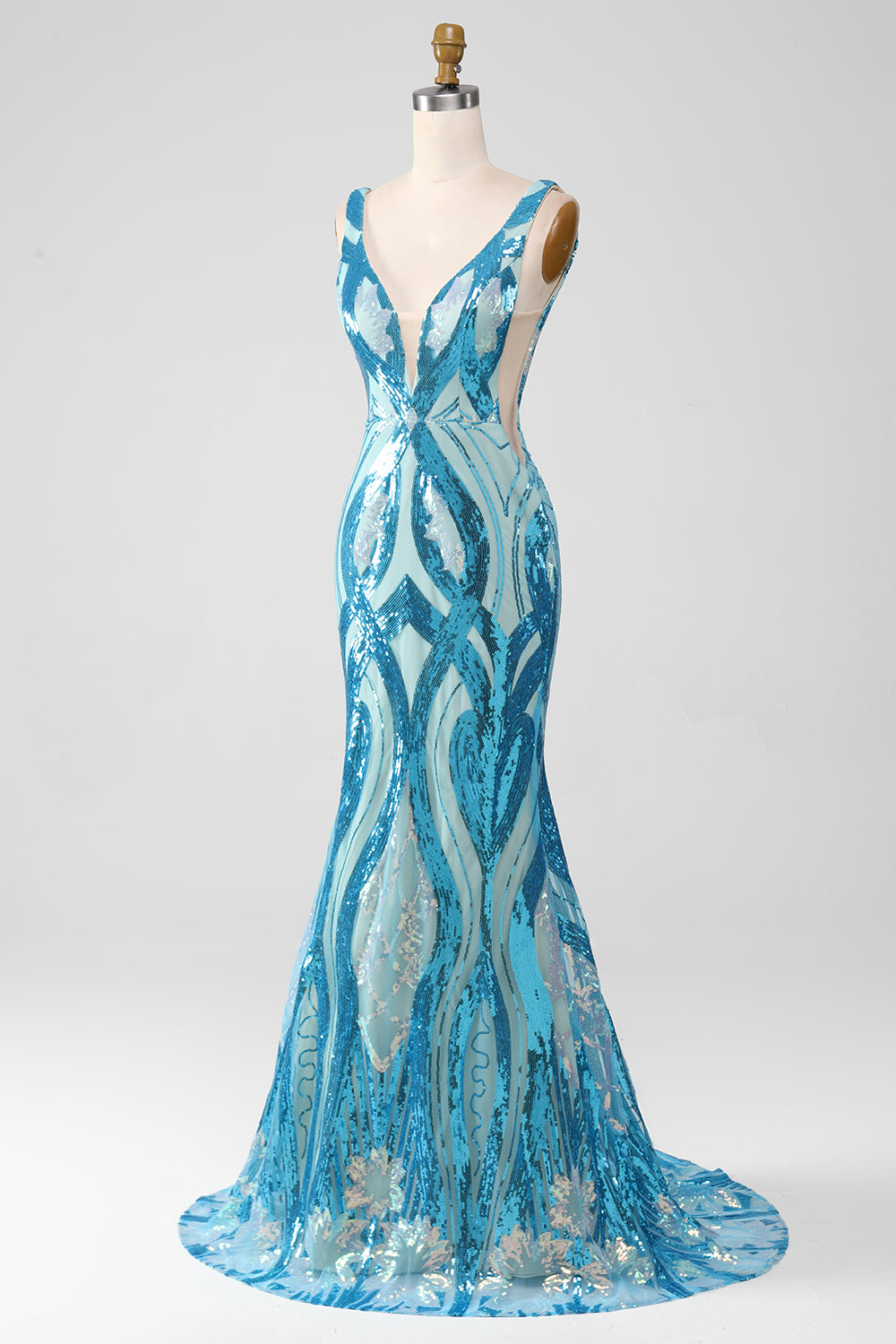 Glitter Blue V-neck Mermaid Prom Dress with Sequins