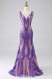 Glitter Blue V-neck Mermaid Prom Dress with Sequins