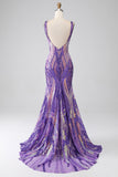 Glitter Blue V-neck Mermaid Prom Dress with Sequins
