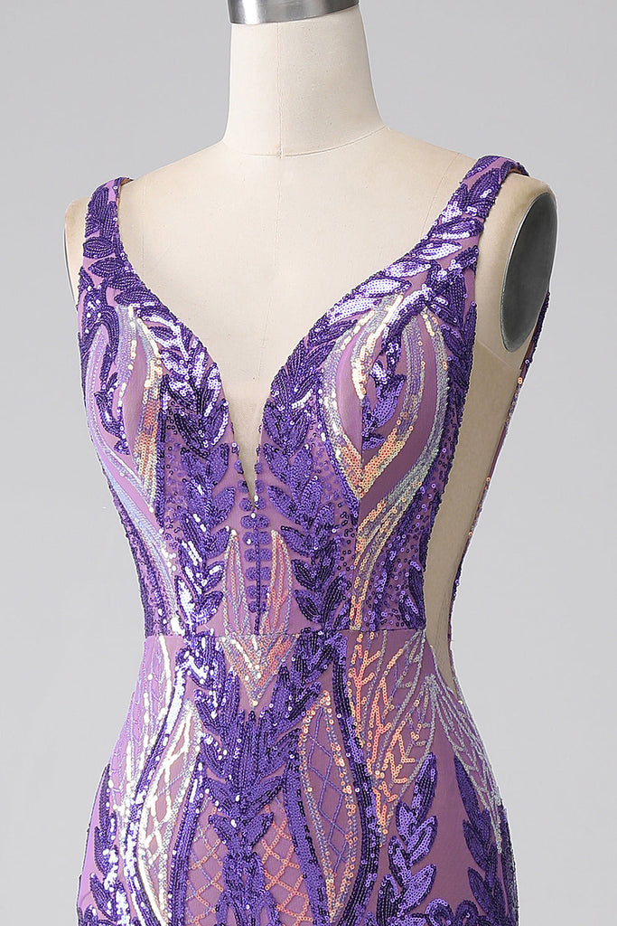 Dark Purple Straps Mermaid Sequins Long Evening Party Dress DP3879 main image 1