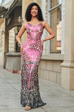 Stunning Mermaid Spaghetti Straps Fuchsia Sequins Long Prom Dress with Backless