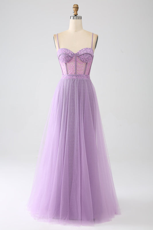 A-Line Lilac Spaghetti Straps Long Corset Prom Dress