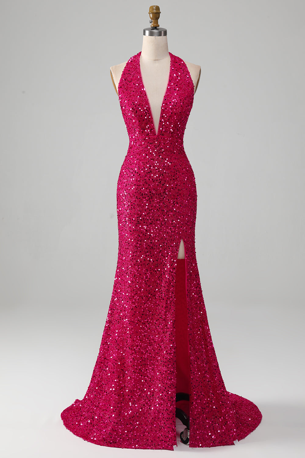Zapakasa Women Fuchsia Prom Dress Mermaid Halter Sequin Evening Dress With Slit Zapakasa Women Fuchsia Prom Dress Mermaid Halter Sequin Evening Dress With Slit