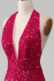 Fuchsia Mermaid Halter Sequin Prom Dress With Slit