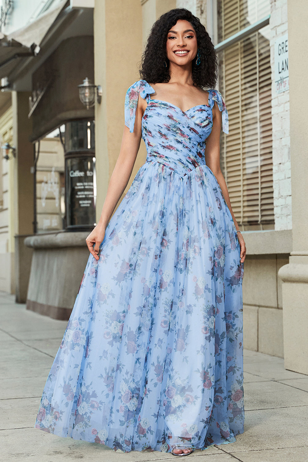 Blue A-Line Printed Adjustable Straps Long Prom Dress
