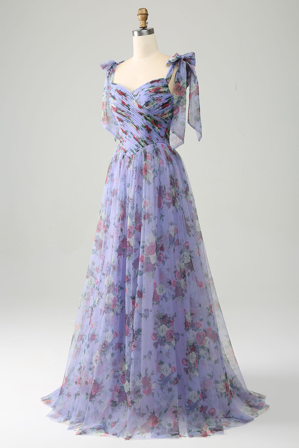 Blue A-Line Printed Adjustable Straps Long Prom Dress
