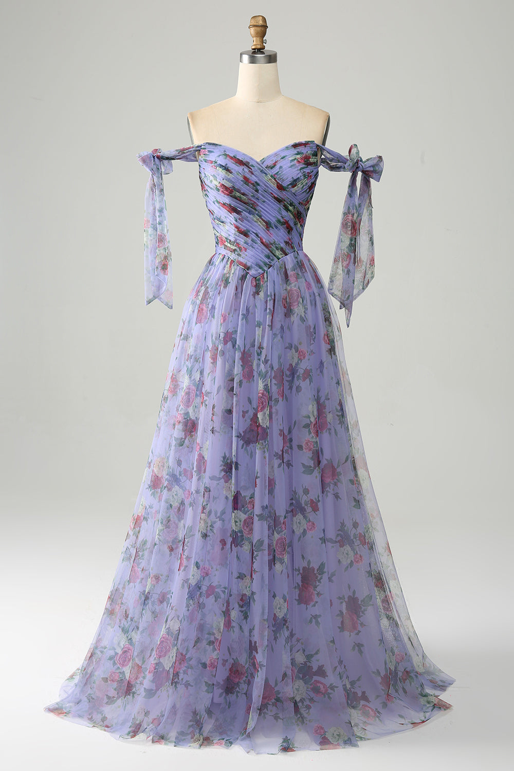 Blue A-Line Printed Adjustable Straps Long Prom Dress