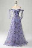 Blue A-Line Printed Adjustable Straps Long Prom Dress