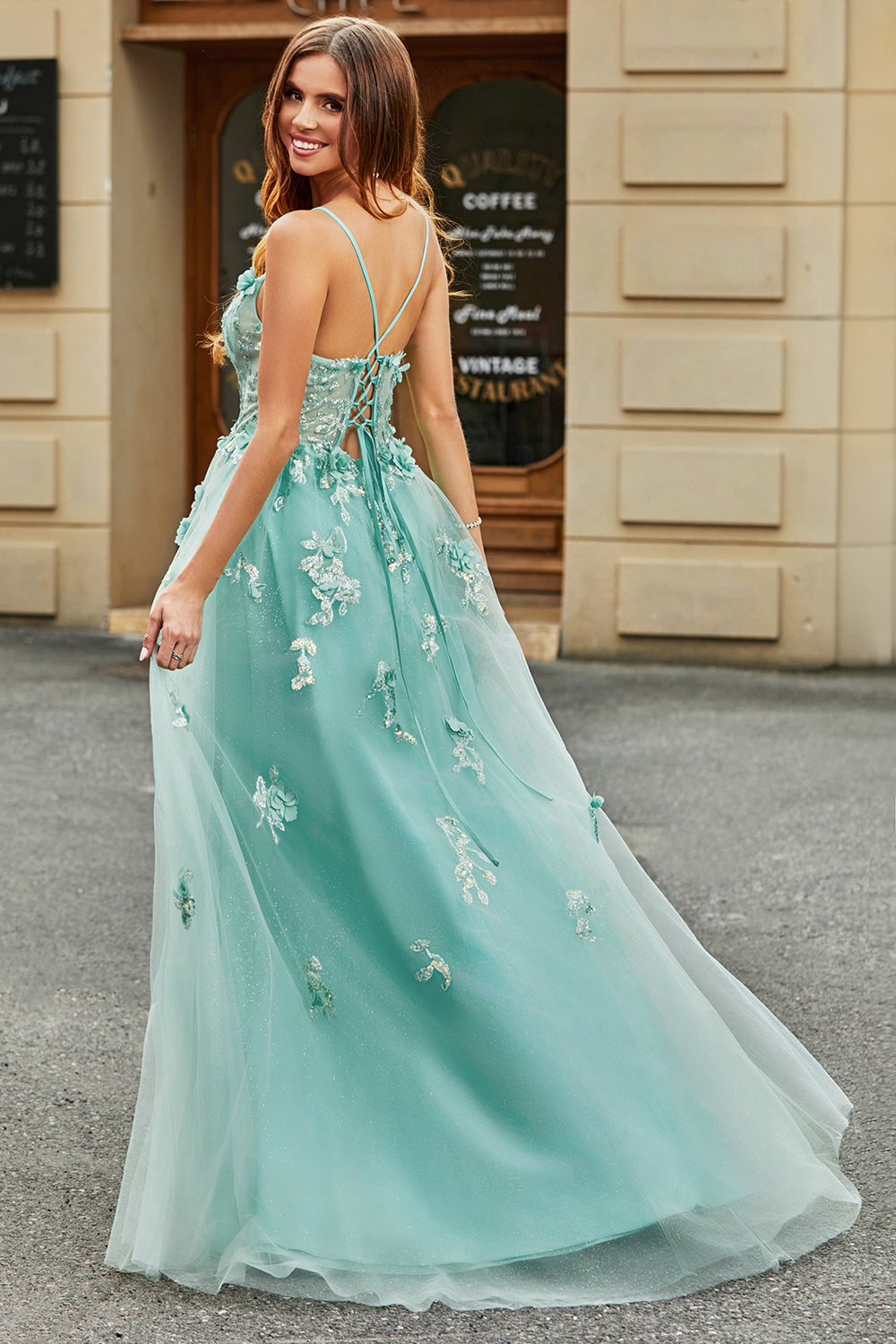 A-Line Green Tulle Corset Prom Dress with Appliques