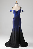 Sparkly Navy Mermaid Long Corset Prom Dress with Slit