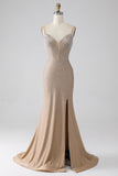 Sparkly Champagne Mermaid Spaghetti Straps Long Prom Dress with Slit