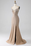 Sparkly Champagne Mermaid Spaghetti Straps Long Prom Dress with Slit
