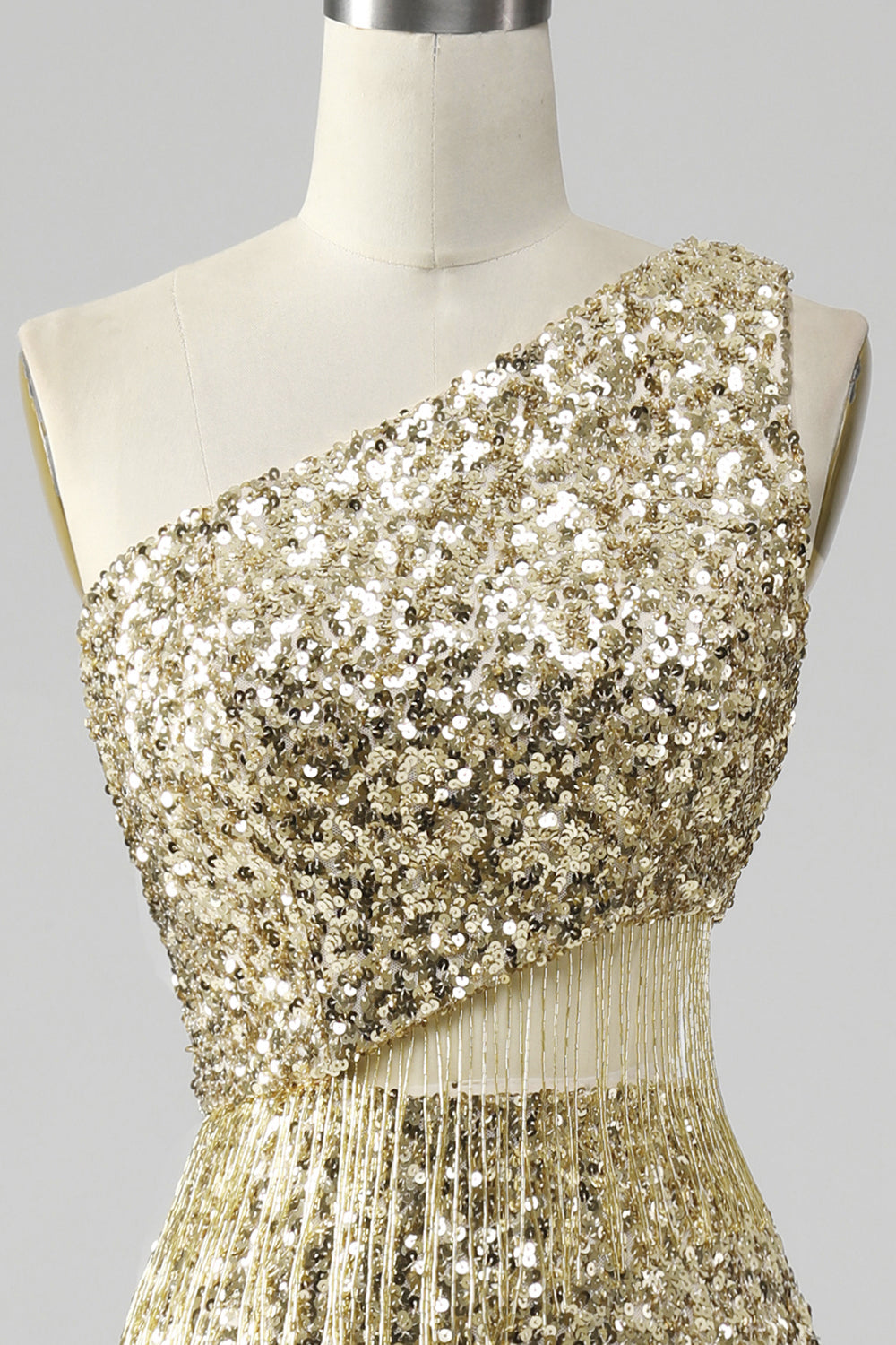 Golden One Shoulder Fringe Sequin Prom Dress With Slit