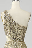 Golden One Shoulder Fringe Sequin Prom Dress With Slit