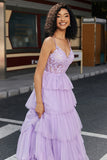 Princess A Line Spaghetti Straps Lilac Corset Prom Dress with Appliques Ruffles