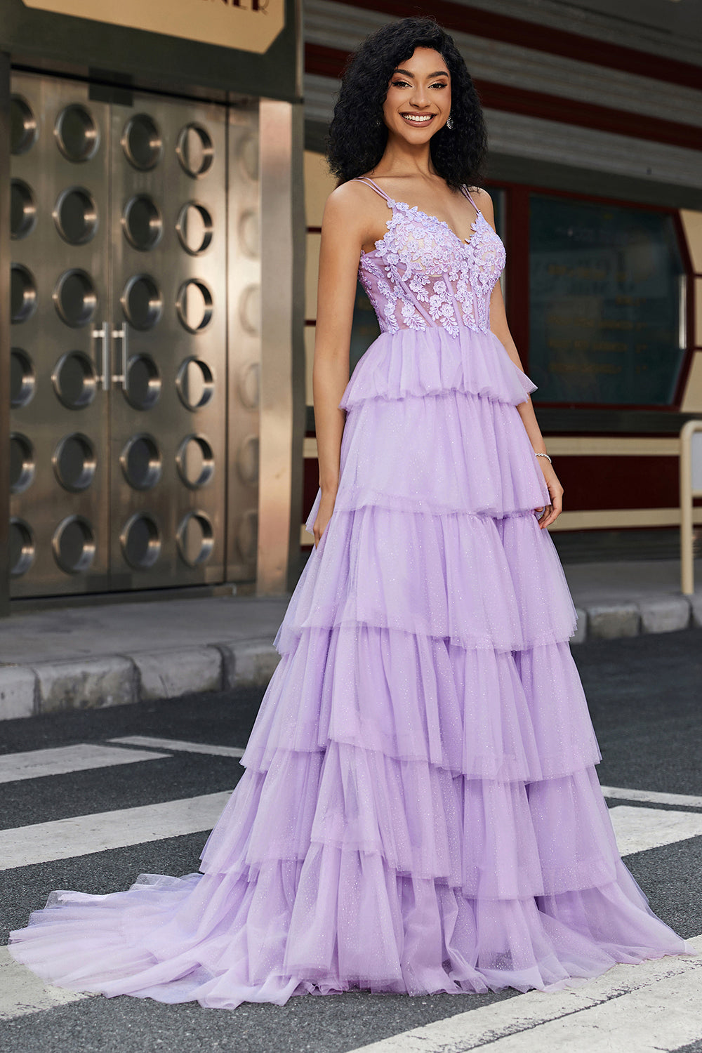 Princess A Line Spaghetti Straps Lilac Corset Prom Dress with Appliques Ruffles