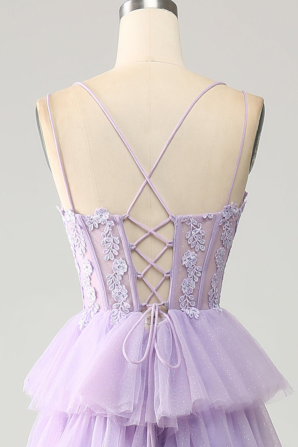 Lilac Tulle Tiered Princess Corset Prom Dress with Appliques