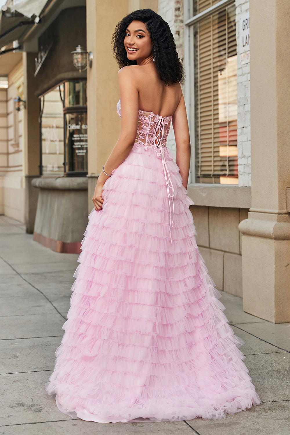 Pink A-Line Strapless Tiered Long Corset Prom Dress with Lace