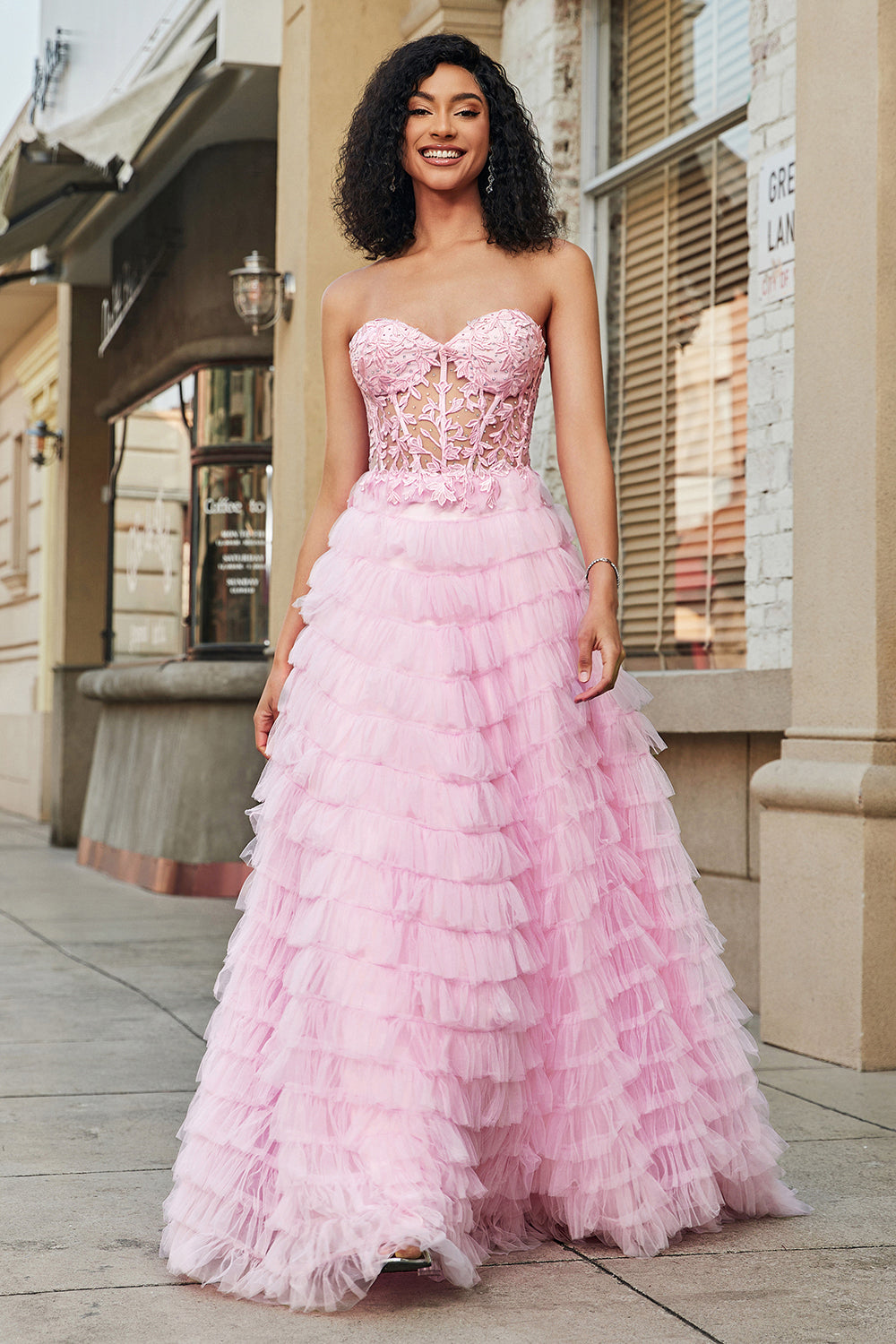 Zapakasa Women Pink A-Line Strapless Tiered Long Corset Prom Dress with Lace Zapakasa Women Pink A-Line Strapless Tiered Long Corset Prom Dress with Lace