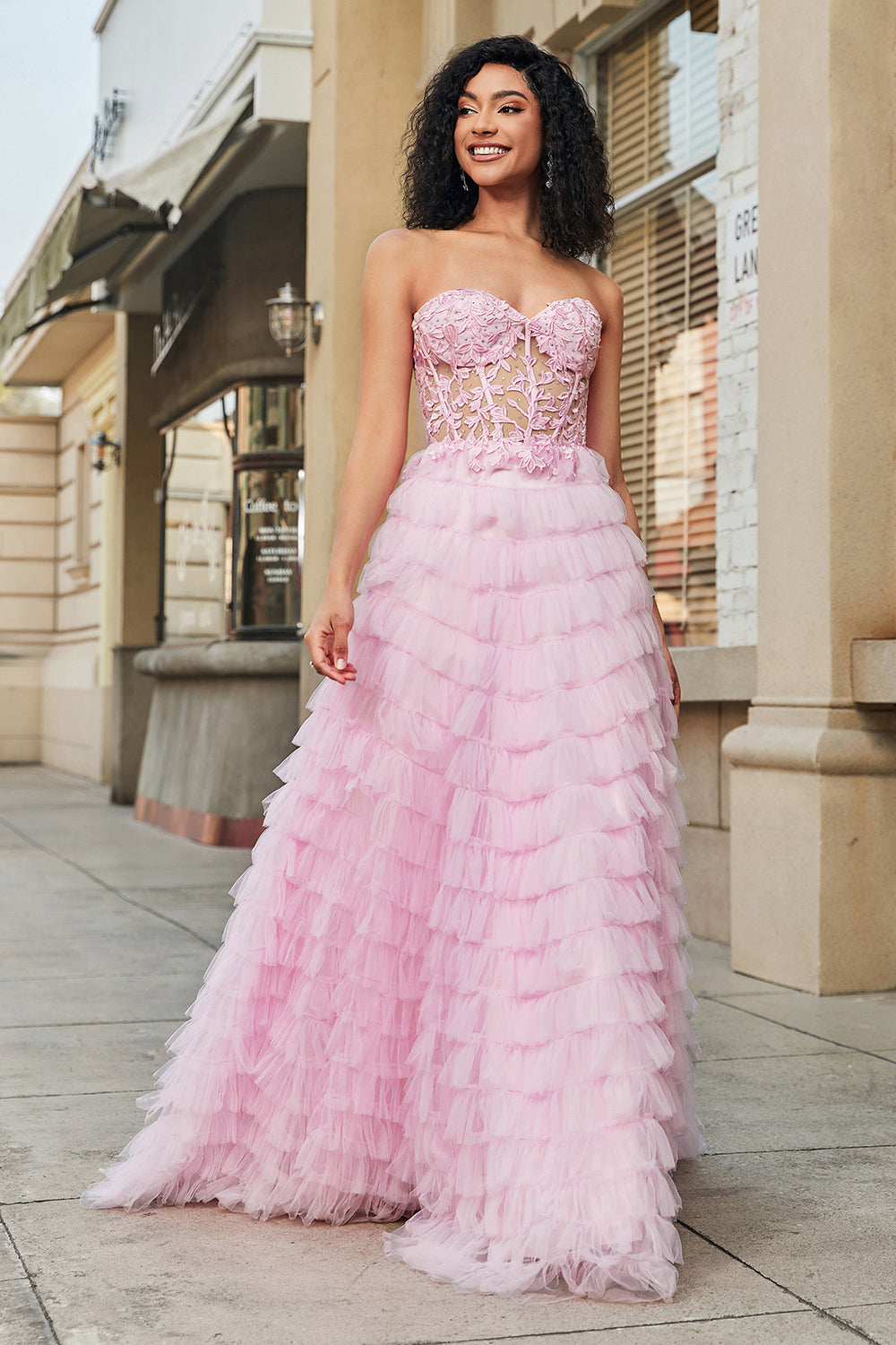 Zapakasa Women Pink A-Line Strapless Tiered Long Corset Prom Dress with Lace Zapakasa Women Pink A-Line Strapless Tiered Long Corset Prom Dress with Lace
