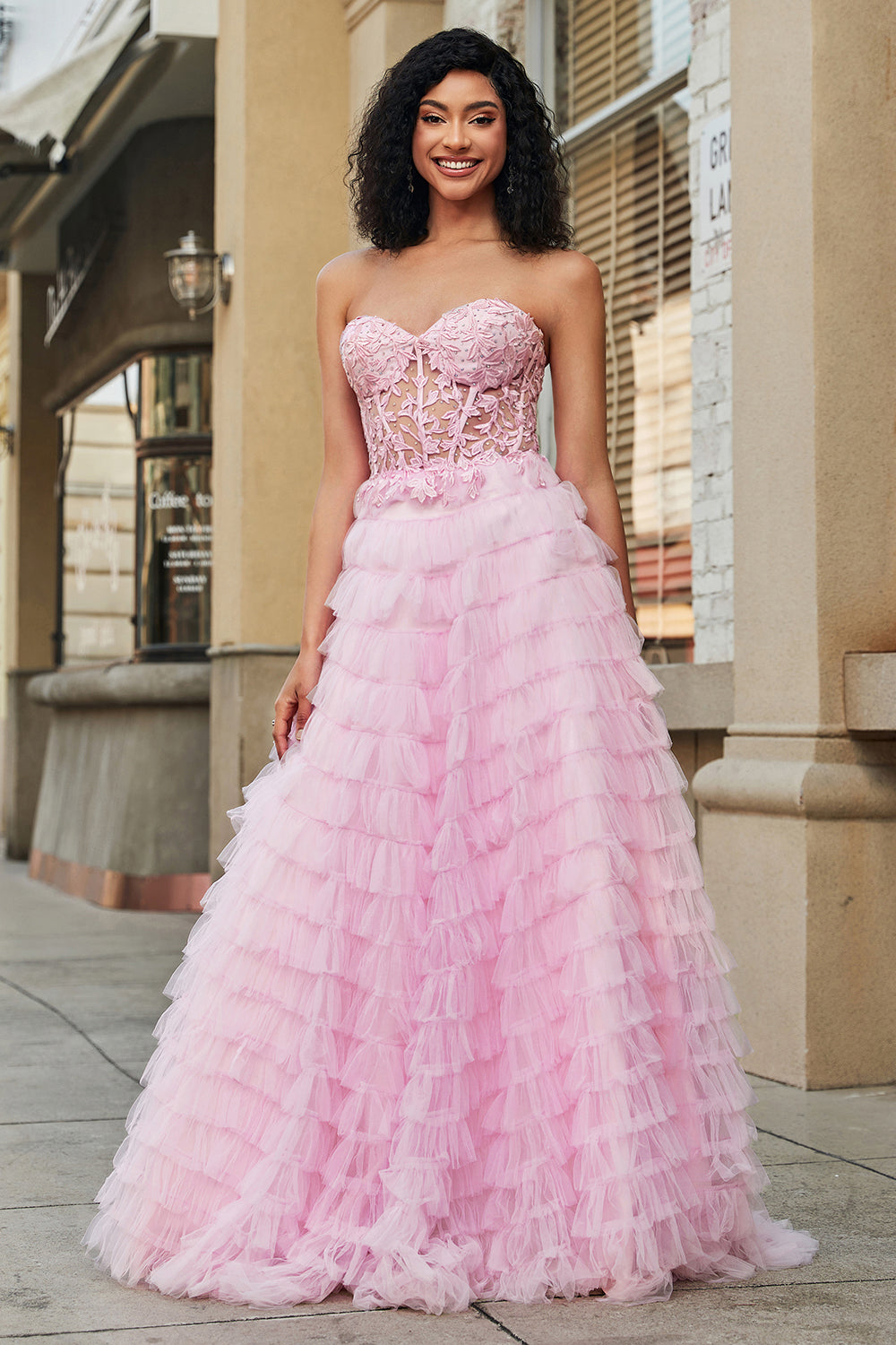 Pink A-Line Strapless Tiered Long Corset Prom Dress with Lace
