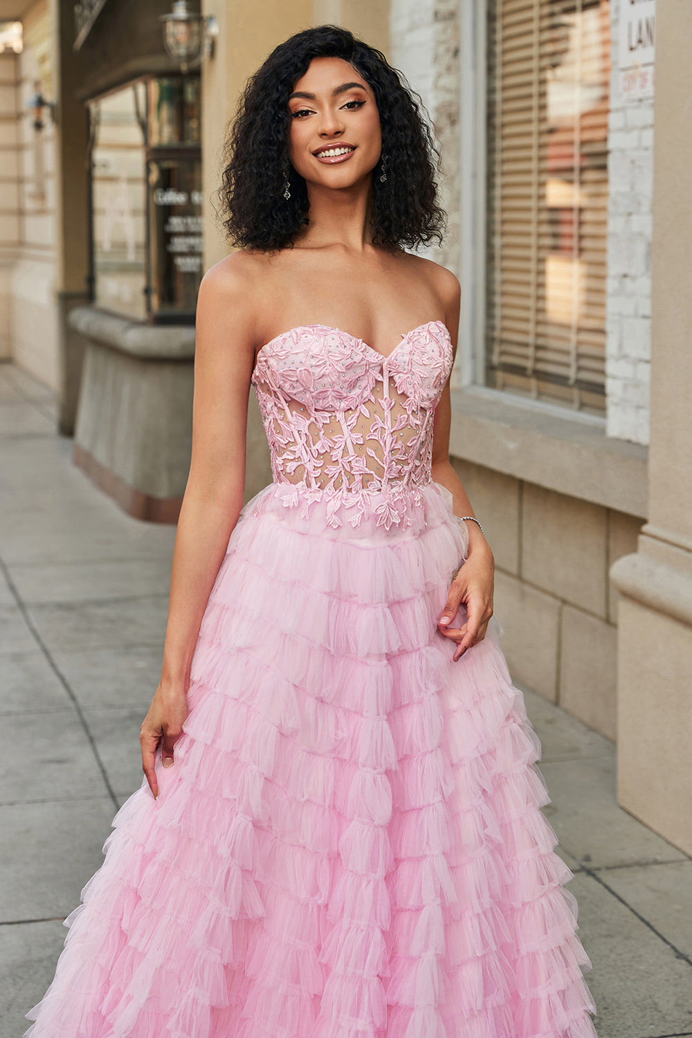 Zapakasa Women Pink A-Line Strapless Tiered Long Corset Prom Dress with Lace Zapakasa Women Pink A-Line Strapless Tiered Long Corset Prom Dress with Lace