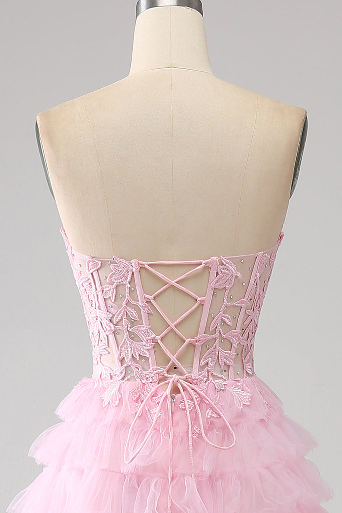 Sparkly Pink Off The Shoulder Corset A Line Tiered Short Ball Dress