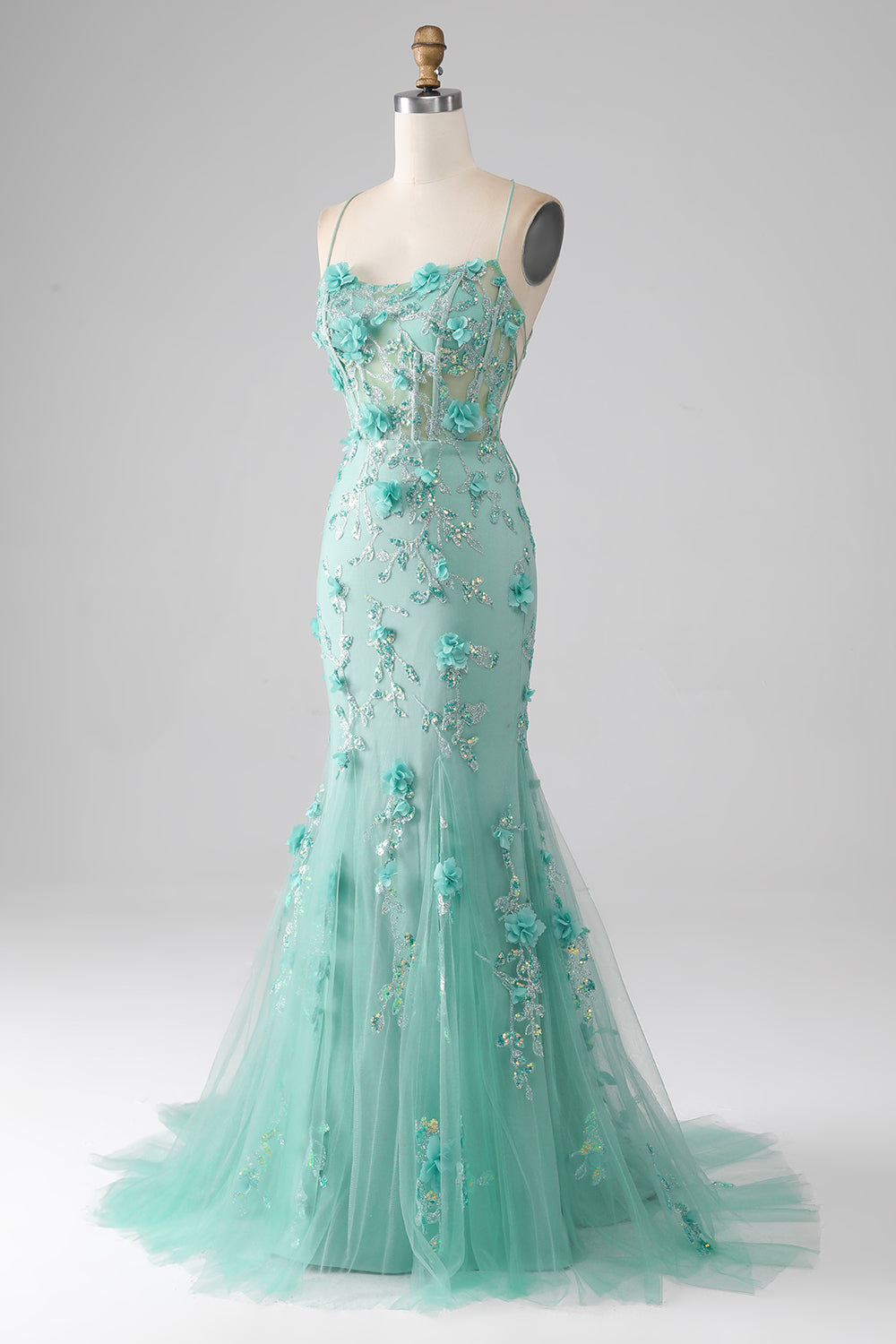 Green Mermaid Spaghetti Straps Long Prom Dress with Appliques