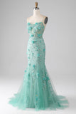 Green Mermaid Spaghetti Straps Long Prom Dress with Appliques