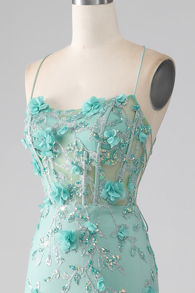 Spaghetti Straps V Neck Green Mermaid Long Prom Dress With Applique main image 1