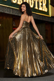 Golden A-Line Spaghetti Straps Pleated Sparkly Prom Dress with Slit