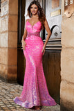 Hot Pink Glitter Mermaid Prom Dress with Beading Waist