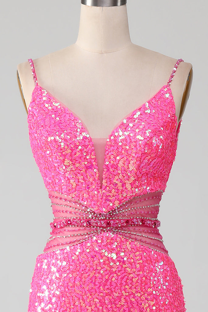 New Hot Pink Tulle Prom Dress with Spaghetti-Straps and Beads