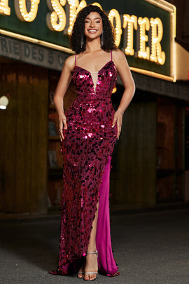 Spaghetti Straps Hot Pink Sparkly Mermaid Sequins Long Prom Dress with Slit