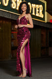 Spaghetti Straps Hot Pink Sparkly Mermaid Sequins Long Prom Dress with Slit