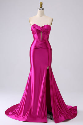 Sparkly Fuchsia Corset Prom Dress with Slit Mermaid Strapless Party Dress