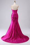 Sparkly Fuchsia Mermaid Sweetheart Corset Long Prom Dress with Slit