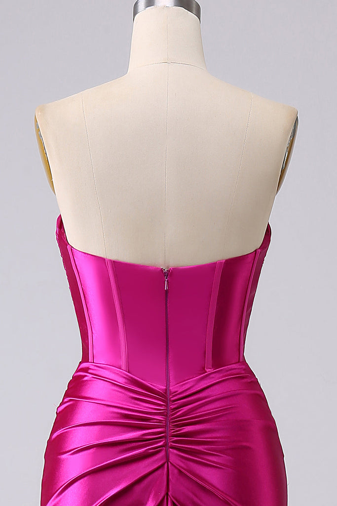 Fuchsia Mermaid Corset One Shoulder Cut Out Streamer Long Ball Dress with Slit main image 1