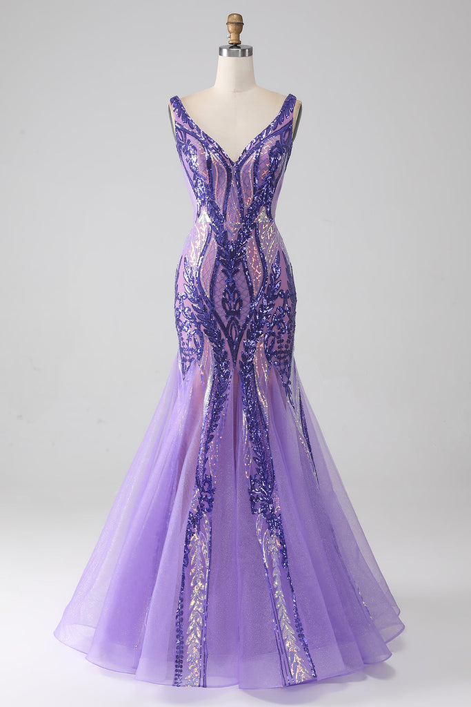 Mermaid V Neck Purple Sequins Long Prom Dresses Formal Evening Dresses GP402 main image 1