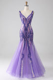 Sparkly Purple Mermaid V Neck Sequins Long Prom Dress