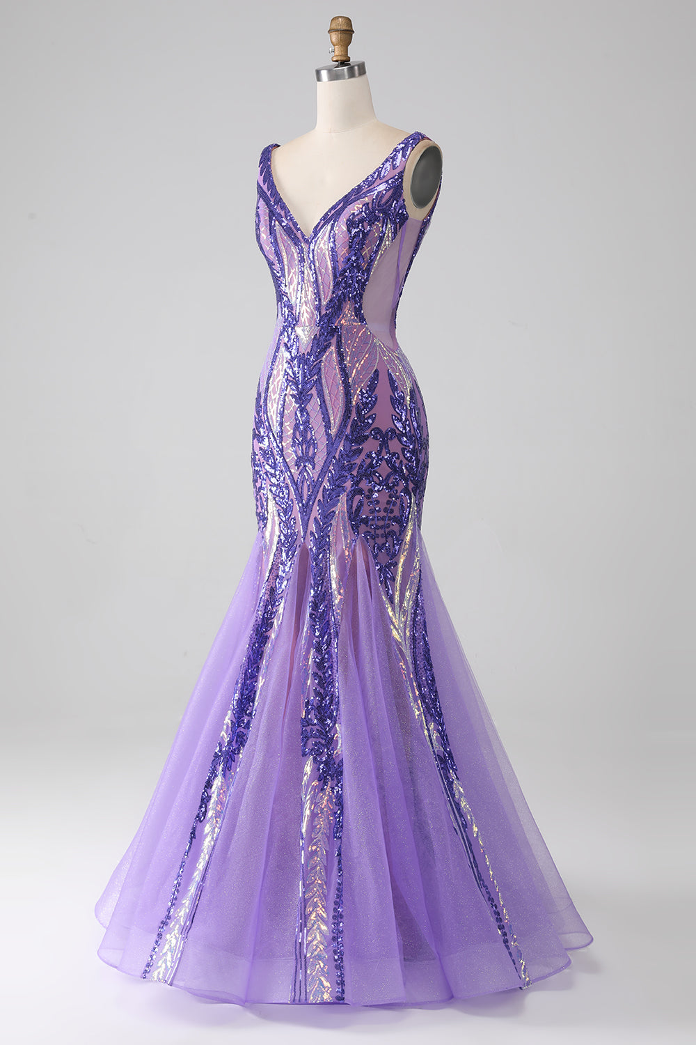 Sparkly Purple Mermaid V Neck Sequins Long Prom Dress