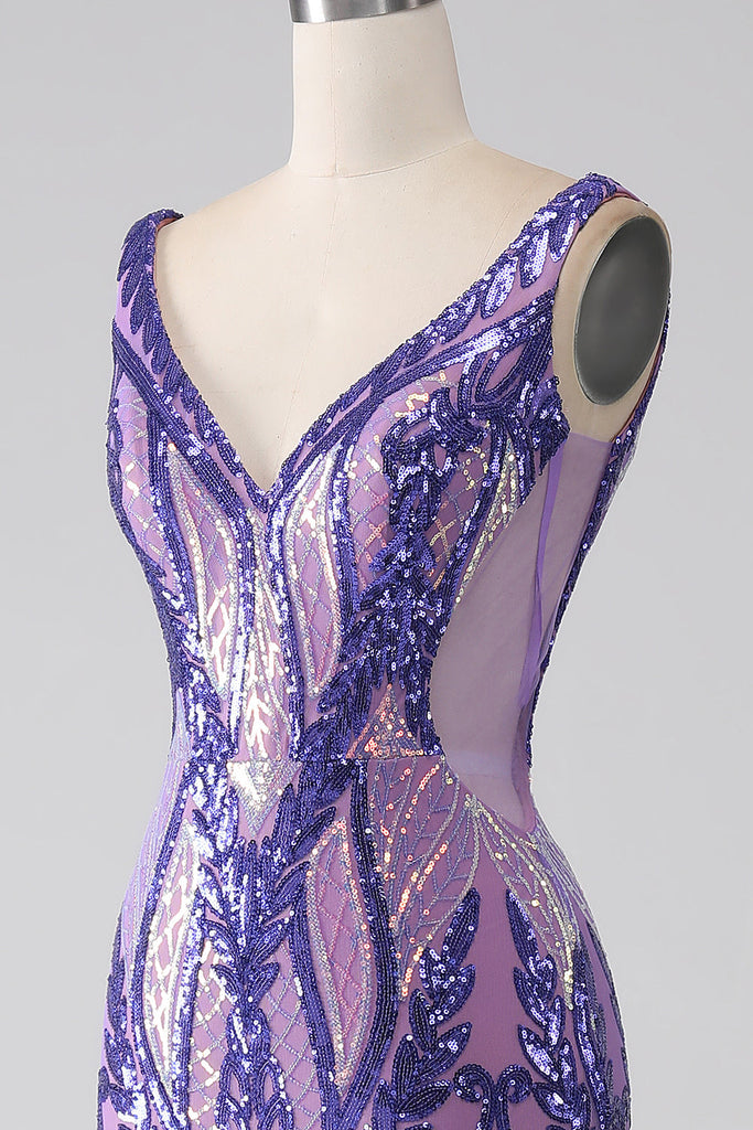 Purple V Neck Neck Sequin Lace Mermaid Long Prom Dress VK23102406