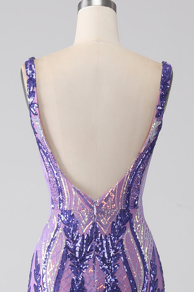 Sparkly Mermaid V Neck Dark Purple Sequins Long Prom Dress with Open Back