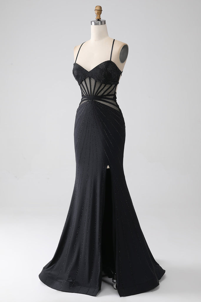 Black Mermaid Corset Spaghetti Straps Pleated Long Ball Dress with Slit