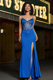 Mermaid Royal Blue Glitter Corset Prom Dress with Beading