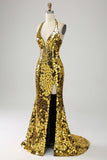 Golden Mermaid Halter Deep V-Neck Backless Mirror Prom Dress With High Slit